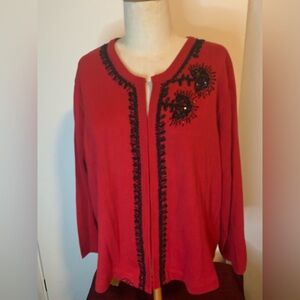 Red Cardigan with Black Embroidery